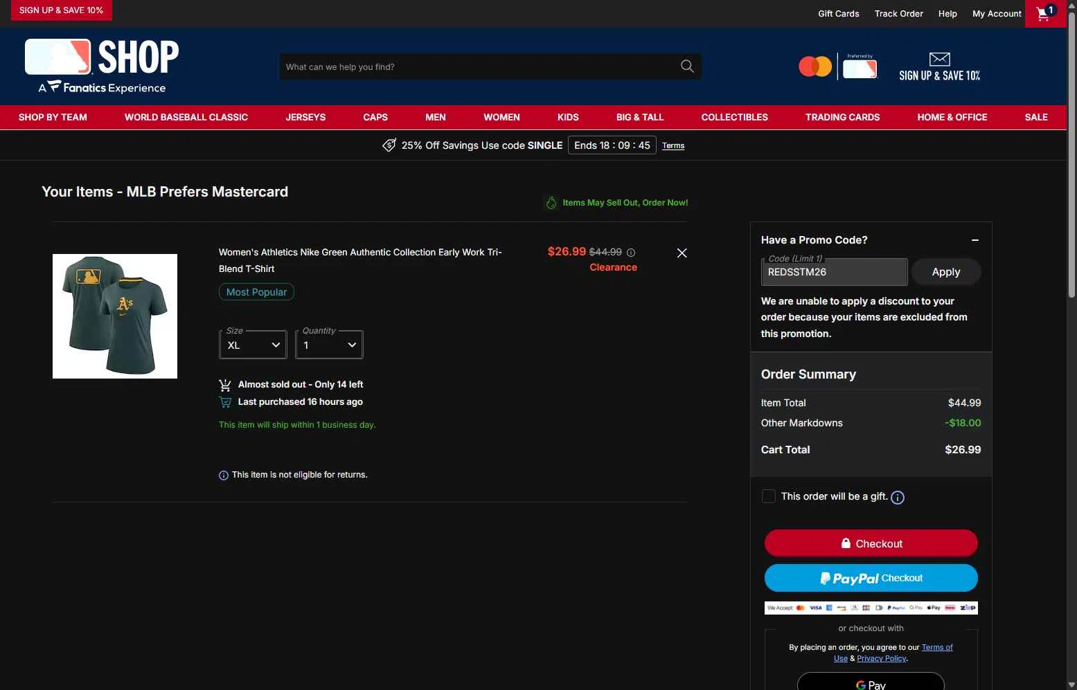 Oakland Athletics checkout page showing Oakland Athletics promo code box | Screenshot taken by SimplyCodes community member on Feb 24, 2026