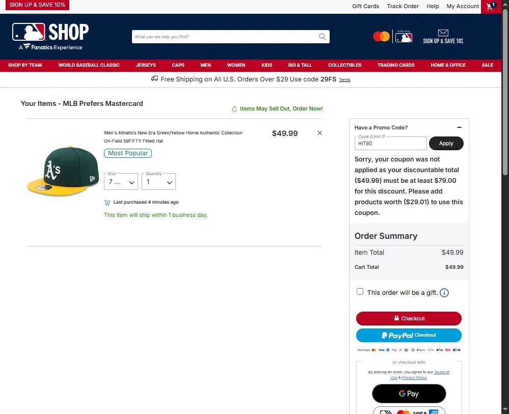 Oakland Athletics checkout page showing Oakland Athletics promo code box | Screenshot taken by SimplyCodes community member on Jan 30, 2026