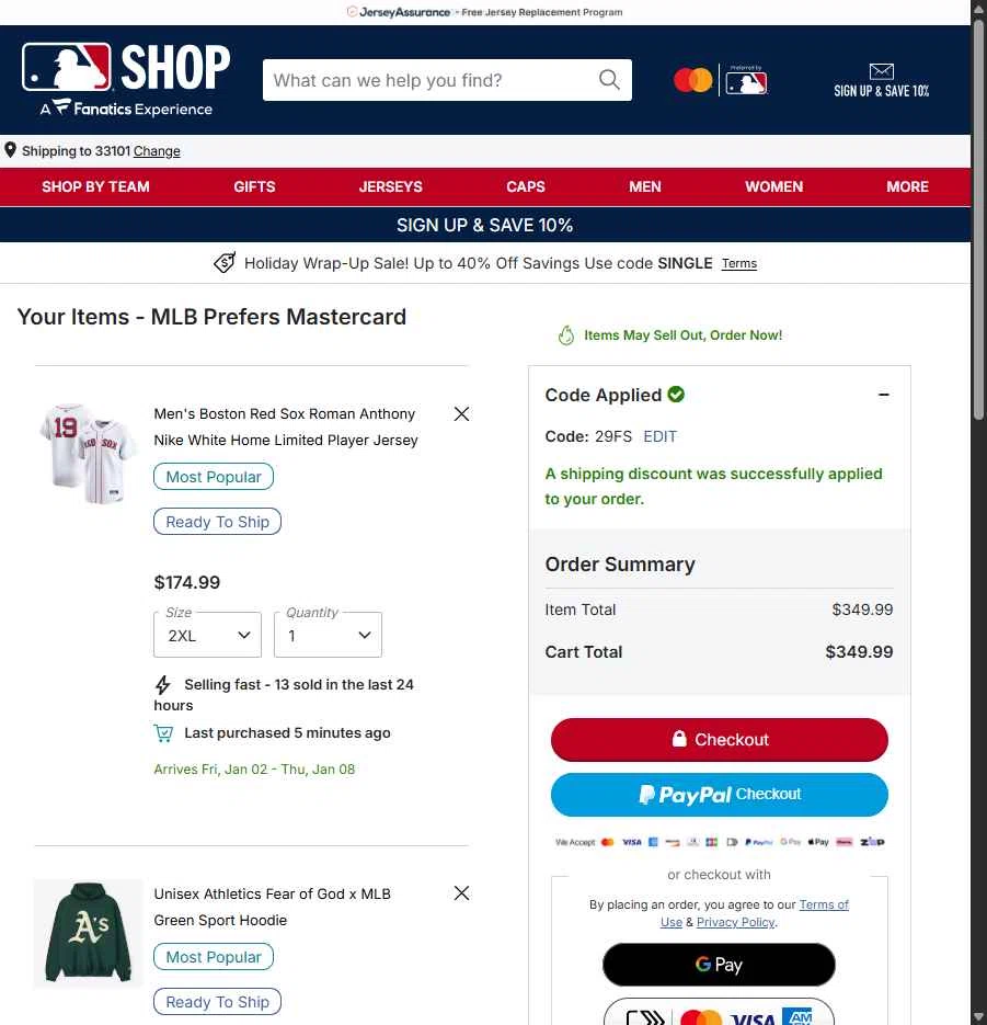 Oakland Athletics checkout page showing Oakland Athletics promo code box | Screenshot taken by SimplyCodes community member on Dec 26, 2025