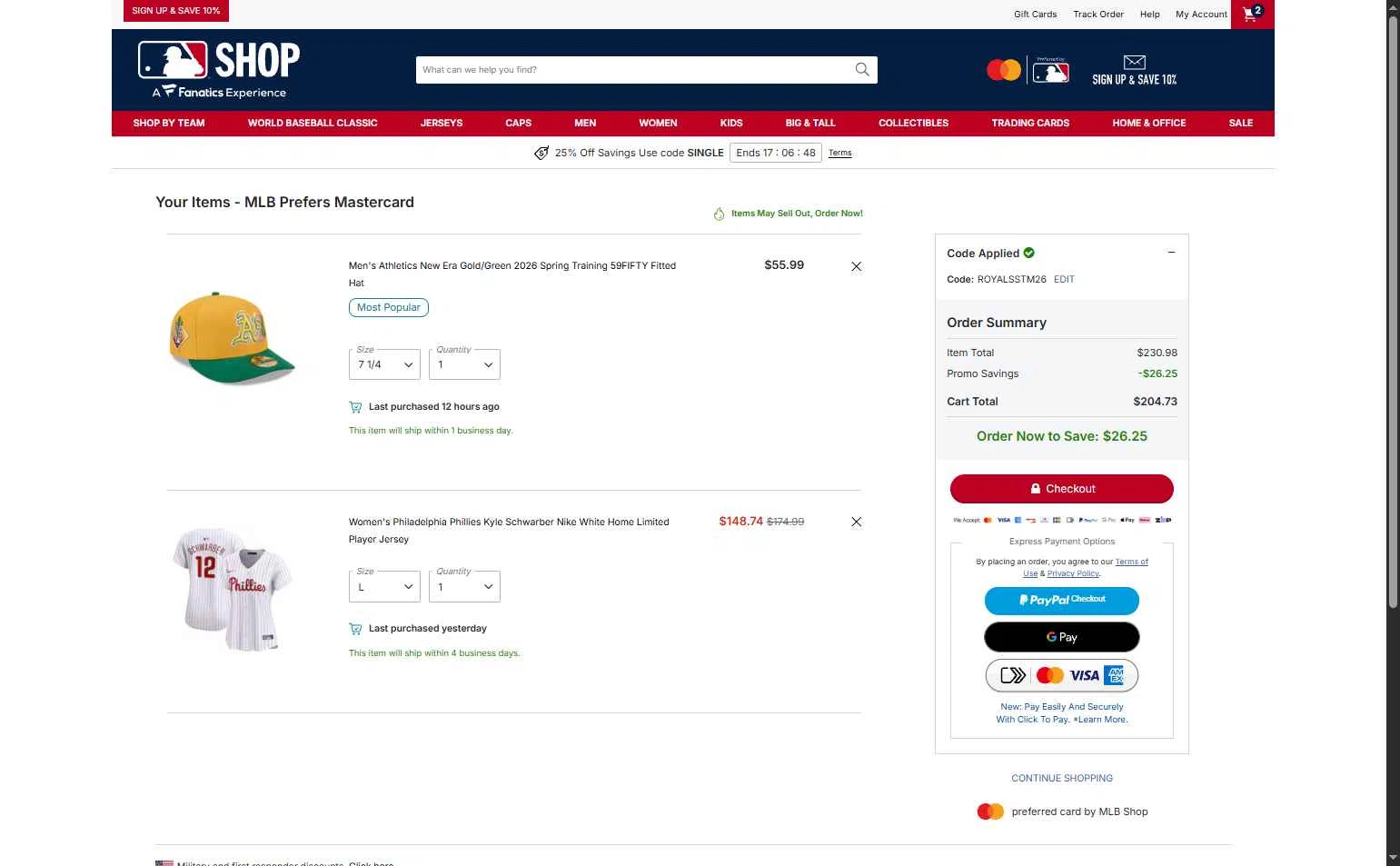 Oakland Athletics checkout page showing Oakland Athletics promo code box | Screenshot taken by SimplyCodes community member on Feb 27, 2026