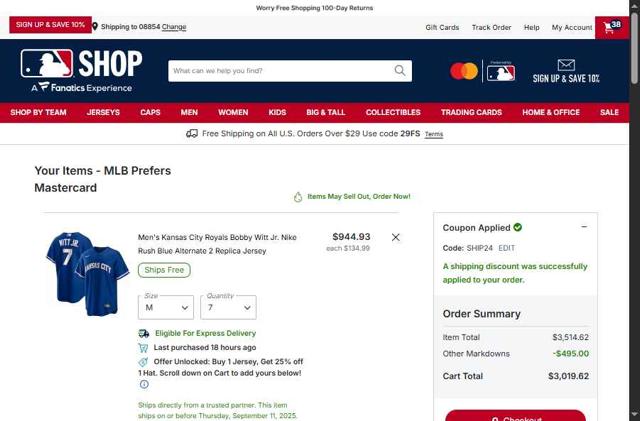 Oakland Athletics checkout page showing Oakland Athletics promo code box | Screenshot taken by SimplyCodes community member on Sep 11, 2025