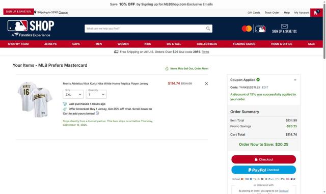 Oakland Athletics checkout page showing Oakland Athletics promo code box | Screenshot taken by SimplyCodes community member on Sep 7, 2025