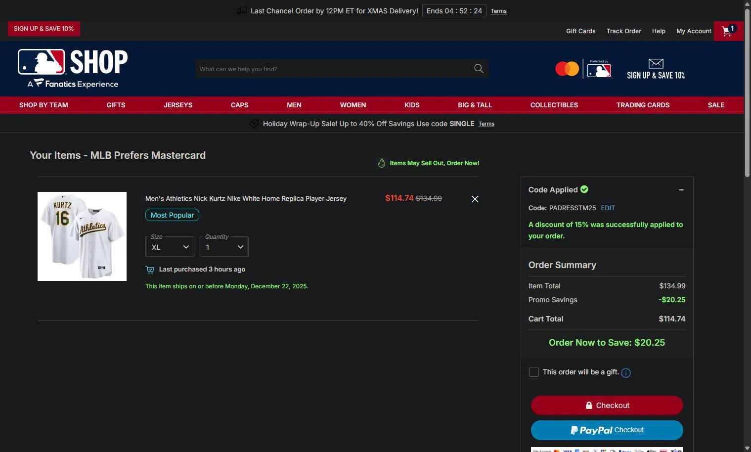 Oakland Athletics checkout page showing Oakland Athletics promo code box | Screenshot taken by SimplyCodes community member on Dec 22, 2025
