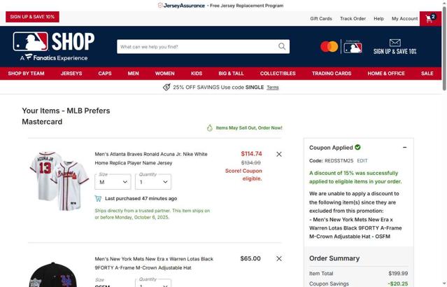 Oakland Athletics checkout page showing Oakland Athletics promo code box | Screenshot taken by SimplyCodes community member on Oct 5, 2025