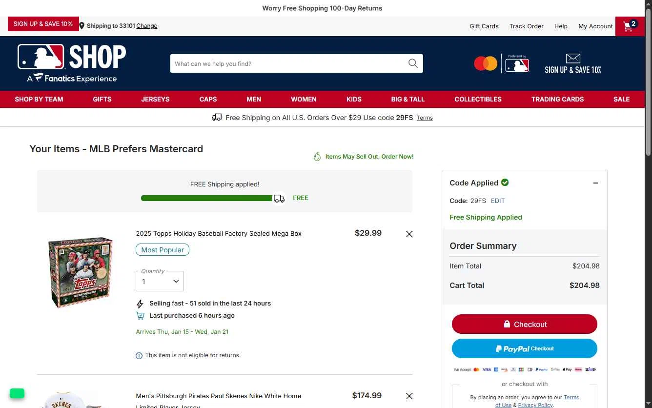 Oakland Athletics checkout page showing Oakland Athletics promo code box | Screenshot taken by SimplyCodes community member on Jan 1, 2026
