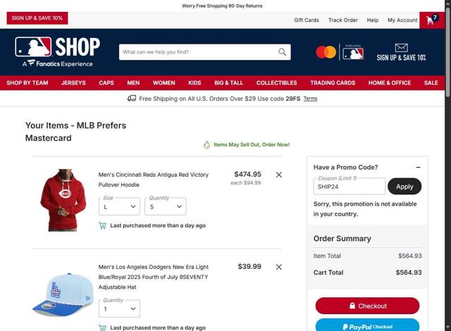 Oakland Athletics checkout page showing Oakland Athletics promo code box | Screenshot taken by SimplyCodes community member on Sep 5, 2025