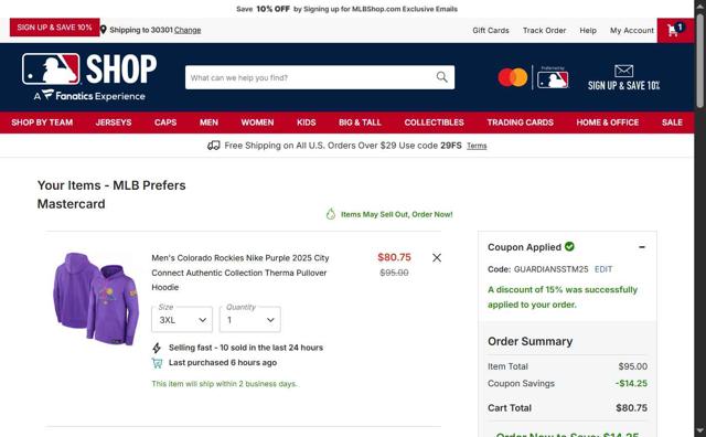 Oakland Athletics checkout page showing Oakland Athletics promo code box | Screenshot taken by SimplyCodes community member on Sep 2, 2025