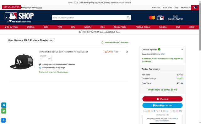 Oakland Athletics checkout page showing Oakland Athletics promo code box | Screenshot taken by SimplyCodes community member on Oct 5, 2025