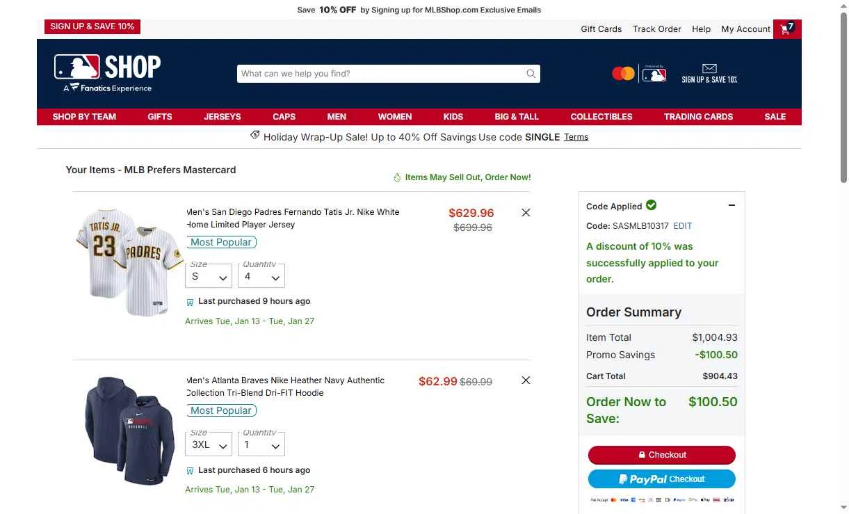 Oakland Athletics checkout page showing Oakland Athletics promo code box | Screenshot taken by SimplyCodes community member on Dec 28, 2025