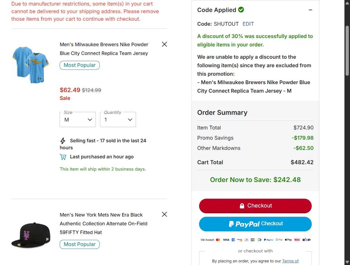 Oakland Athletics checkout page showing Oakland Athletics promo code box | Screenshot taken by SimplyCodes community member on Jan 24, 2026