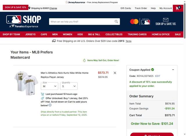 Oakland Athletics checkout page showing Oakland Athletics promo code box | Screenshot taken by SimplyCodes community member on Sep 2, 2025