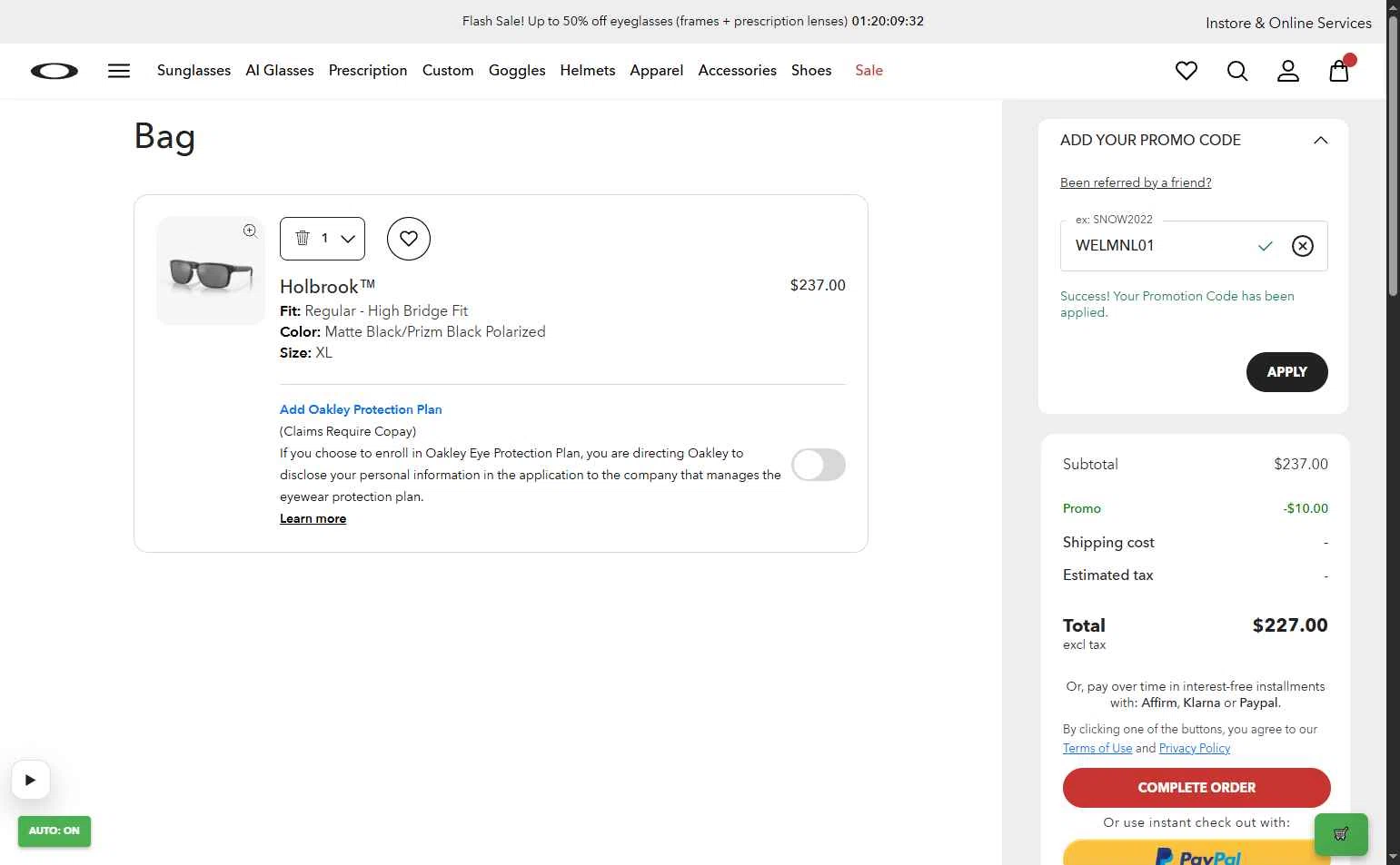 Oakley checkout page showing Oakley promo code box | Screenshot taken by SimplyCodes community member on Jan 24, 2026