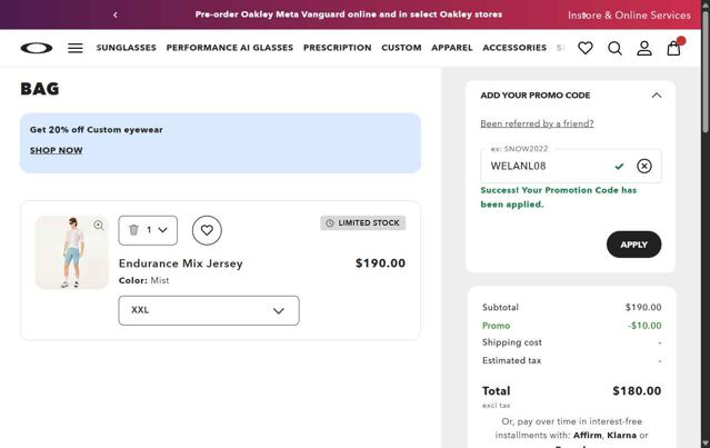 Oakley checkout page showing Oakley promo code box | Screenshot taken by SimplyCodes community member on Sep 19, 2025