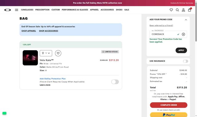 Oakley checkout page showing Oakley promo code box | Screenshot taken by SimplyCodes community member on Aug 24, 2025