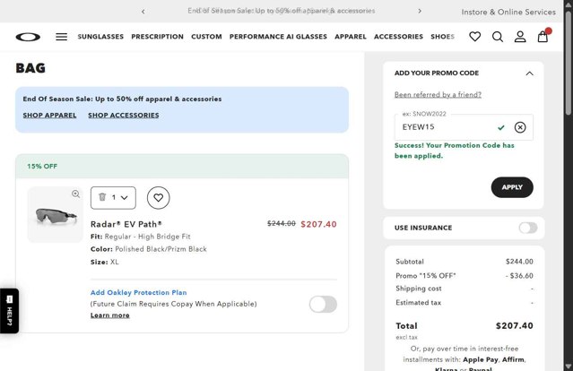 Oakley checkout page showing Oakley promo code box | Screenshot taken by SimplyCodes community member on Aug 15, 2025
