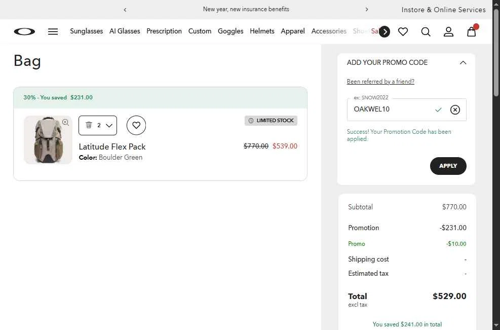 Oakley checkout page showing Oakley promo code box | Screenshot taken by SimplyCodes community member on Jan 9, 2026