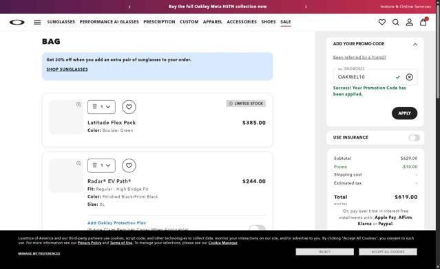 Oakley checkout page showing Oakley promo code box | Screenshot taken by SimplyCodes community member on Sep 6, 2025