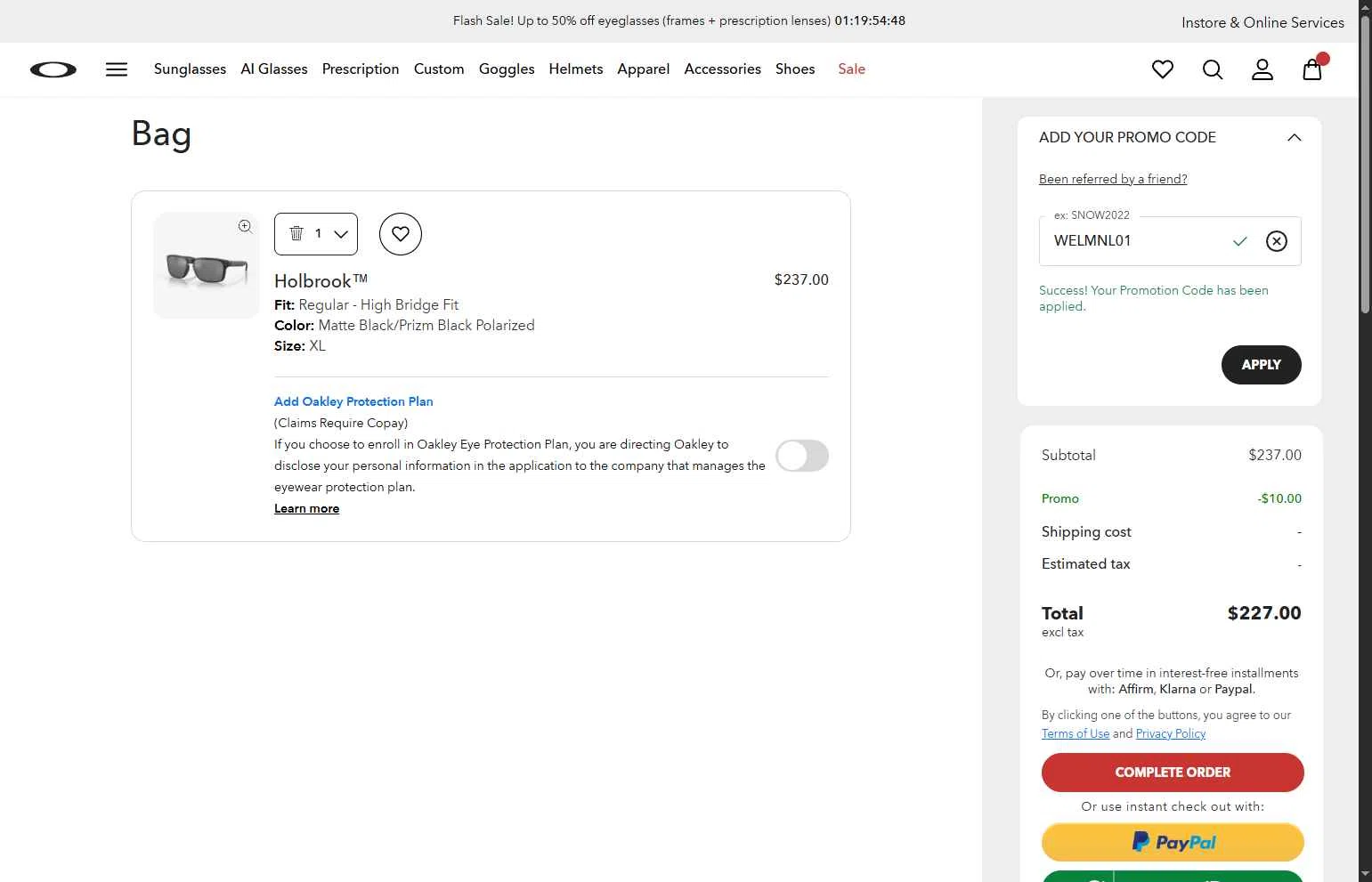 Oakley checkout page showing Oakley promo code box | Screenshot taken by SimplyCodes community member on Jan 24, 2026