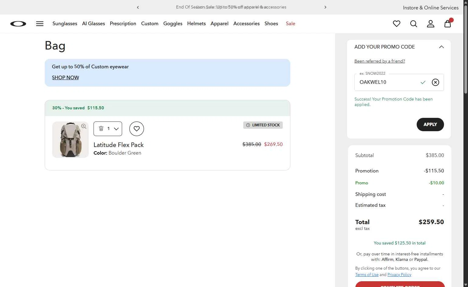 Oakley checkout page showing Oakley promo code box | Screenshot taken by SimplyCodes community member on Jan 30, 2026