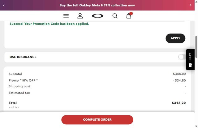 Oakley checkout page showing Oakley promo code box | Screenshot taken by SimplyCodes community member on Aug 28, 2025