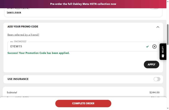 Oakley checkout page showing Oakley promo code box | Screenshot taken by SimplyCodes community member on Aug 23, 2025