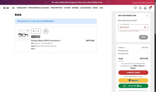 Oakley checkout page showing Oakley promo code box | Screenshot taken by SimplyCodes community member on Sep 19, 2025