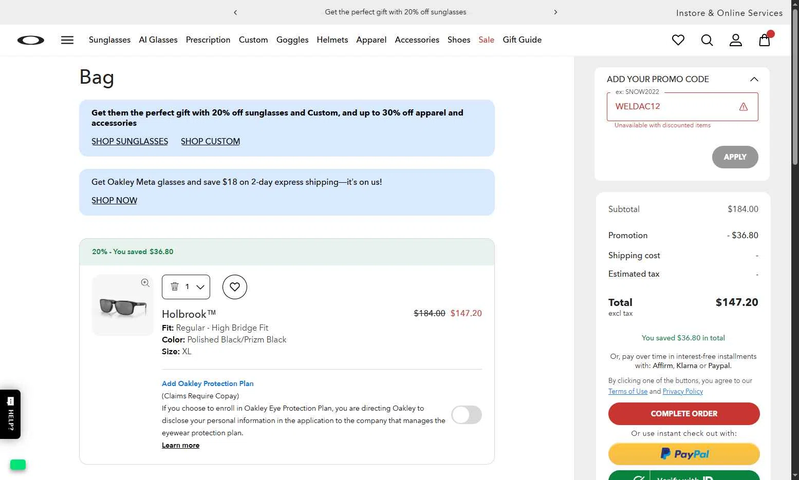 Oakley checkout page showing Oakley promo code box | Screenshot taken by SimplyCodes community member on Dec 15, 2025