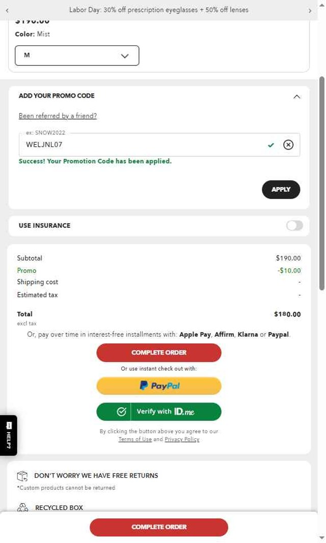 Oakley checkout page showing Oakley promo code box | Screenshot taken by SimplyCodes community member on Aug 30, 2025