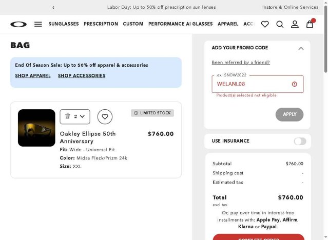 Oakley checkout page showing Oakley promo code box | Screenshot taken by SimplyCodes community member on Aug 26, 2025