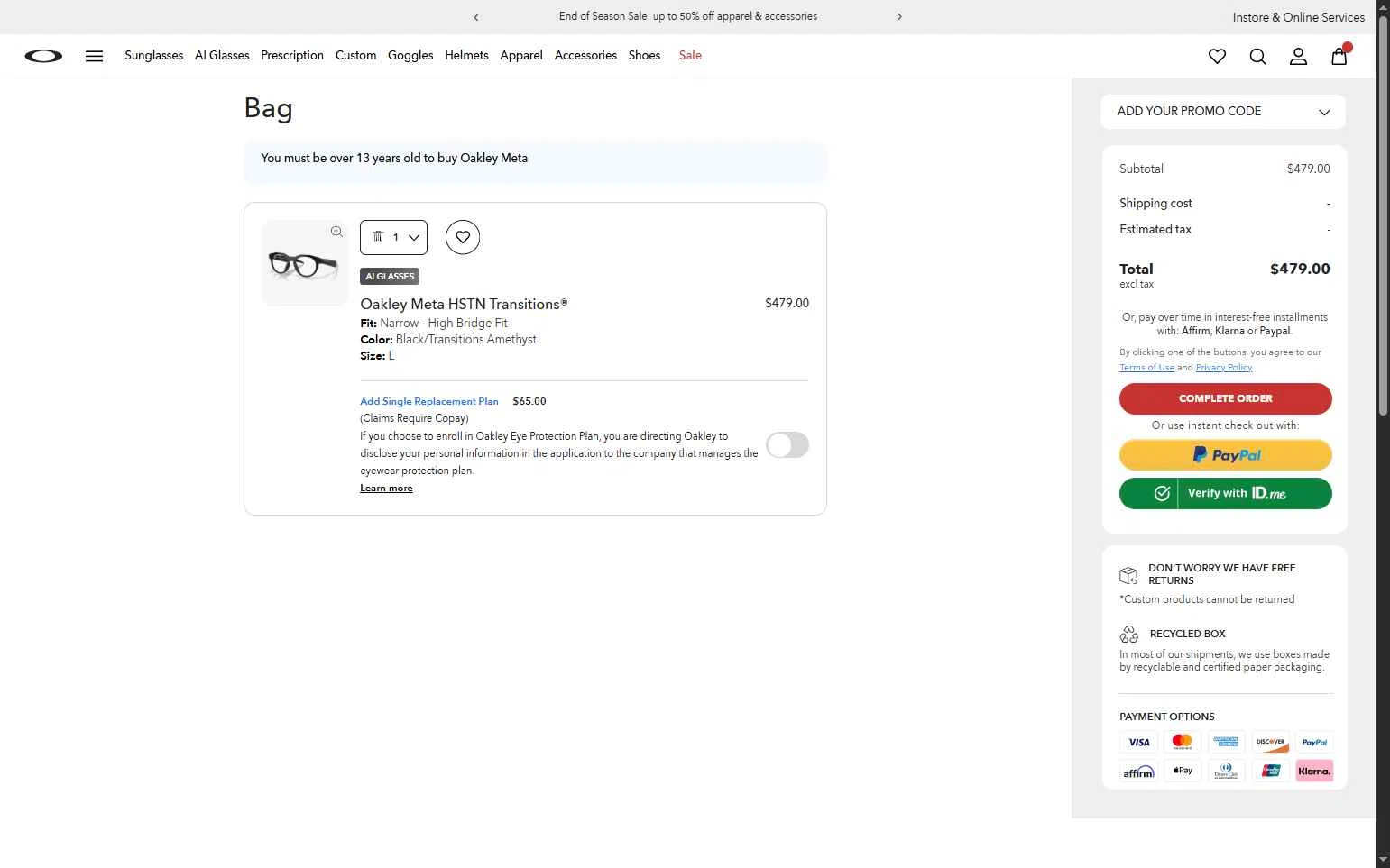 Oakley checkout page showing Oakley promo code box | Screenshot taken by SimplyCodes community member on Jan 21, 2026