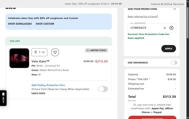 Oakley checkout page showing Oakley promo code box | Screenshot taken by SimplyCodes community member on Sep 2, 2025