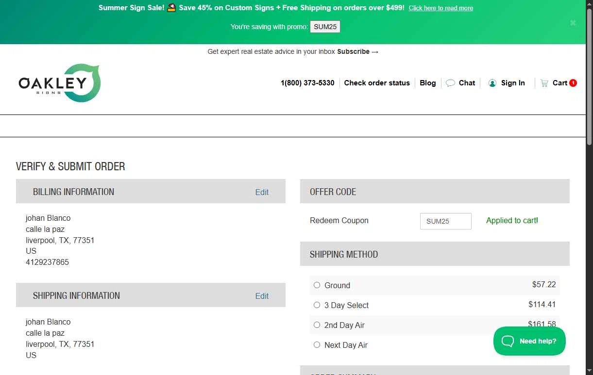 Oakley Signs & Graphics checkout page showing Oakley Signs & Graphics coupon code box | Screenshot taken by SimplyCodes community member on Sep 15, 2025