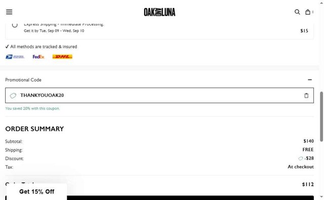 Oak & Luna checkout page showing Oak & Luna promo code box | Screenshot taken by SimplyCodes community member on Sep 2, 2025