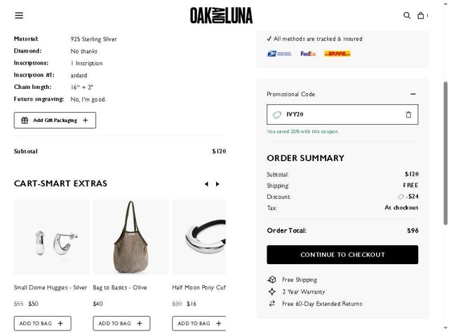 Oak & Luna checkout page showing Oak & Luna promo code box | Screenshot taken by SimplyCodes community member on Aug 24, 2025