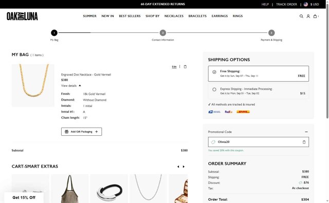 Oak & Luna checkout page showing Oak & Luna promo code box | Screenshot taken by SimplyCodes community member on Aug 22, 2025