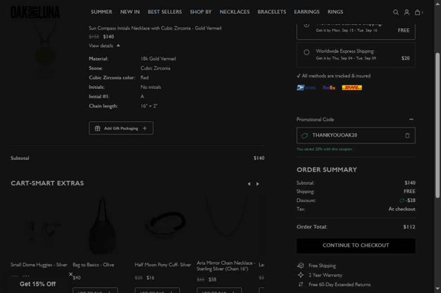 Oak & Luna checkout page showing Oak & Luna promo code box | Screenshot taken by SimplyCodes community member on Aug 22, 2025