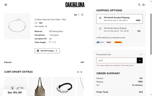 Oak & Luna checkout page showing Oak & Luna promo code box | Screenshot taken by SimplyCodes community member on Aug 22, 2025