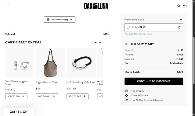 Oak & Luna checkout page showing Oak & Luna promo code box | Screenshot taken by SimplyCodes community member on Aug 19, 2025