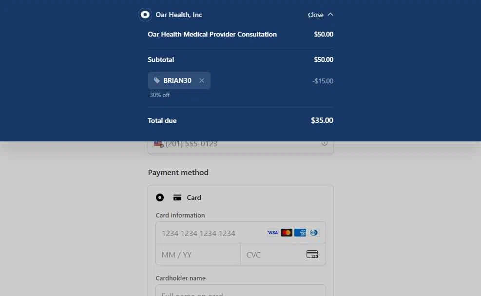 Oar Health checkout page showing Oar Health promo code box | Screenshot taken by SimplyCodes community member on Sep 11, 2025
