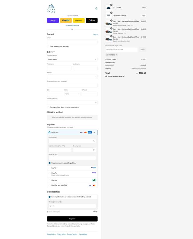 Oars + Alps checkout page showing Oars + Alps promo code box | Screenshot taken by SimplyCodes community member on Sep 12, 2025