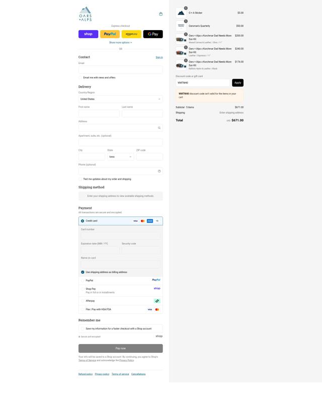 Oars + Alps checkout page showing Oars + Alps promo code box | Screenshot taken by SimplyCodes community member on Sep 12, 2025