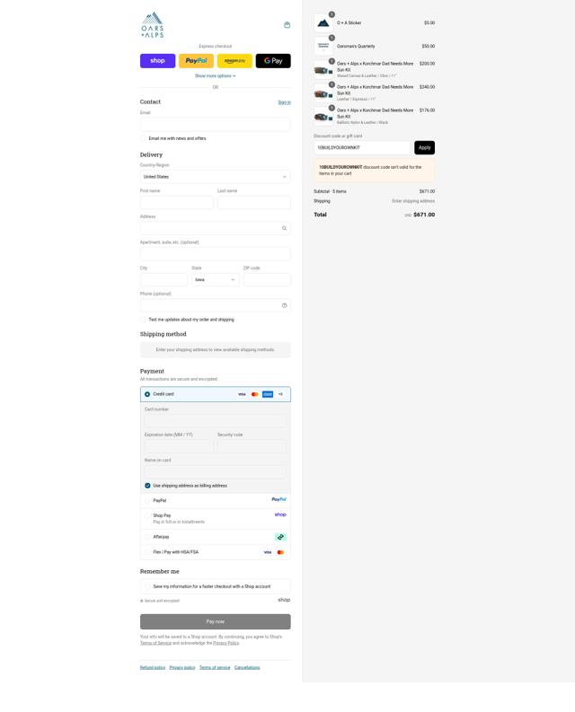 Oars + Alps checkout page showing Oars + Alps promo code box | Screenshot taken by SimplyCodes community member on Sep 12, 2025
