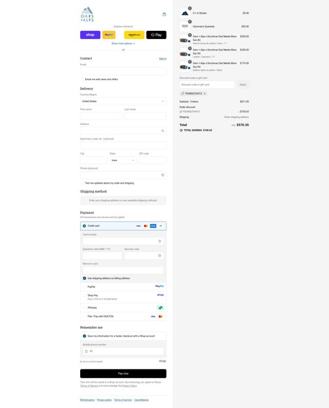 Oars + Alps checkout page showing Oars + Alps promo code box | Screenshot taken by SimplyCodes community member on Sep 12, 2025