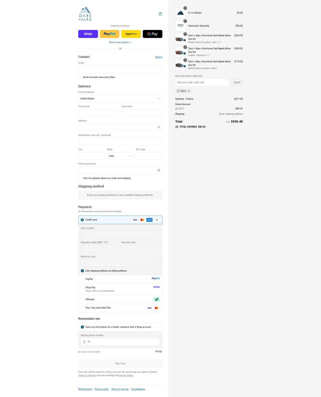 Oars + Alps checkout page showing Oars + Alps promo code box | Screenshot taken by SimplyCodes community member on Sep 12, 2025