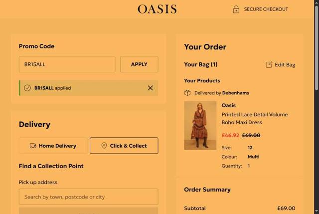 Oasis Clothing checkout page showing Oasis Clothing promo code box | Screenshot taken by SimplyCodes community member on Sep 13, 2025