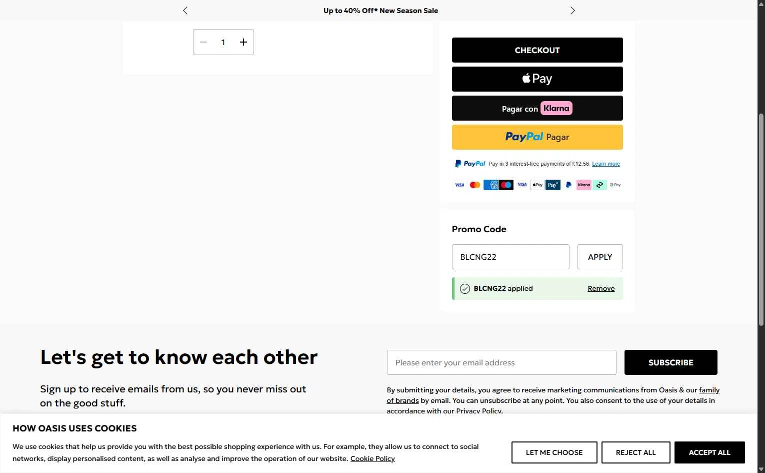Oasis Clothing checkout page showing Oasis Clothing promo code box | Screenshot taken by SimplyCodes community member on Feb 9, 2026