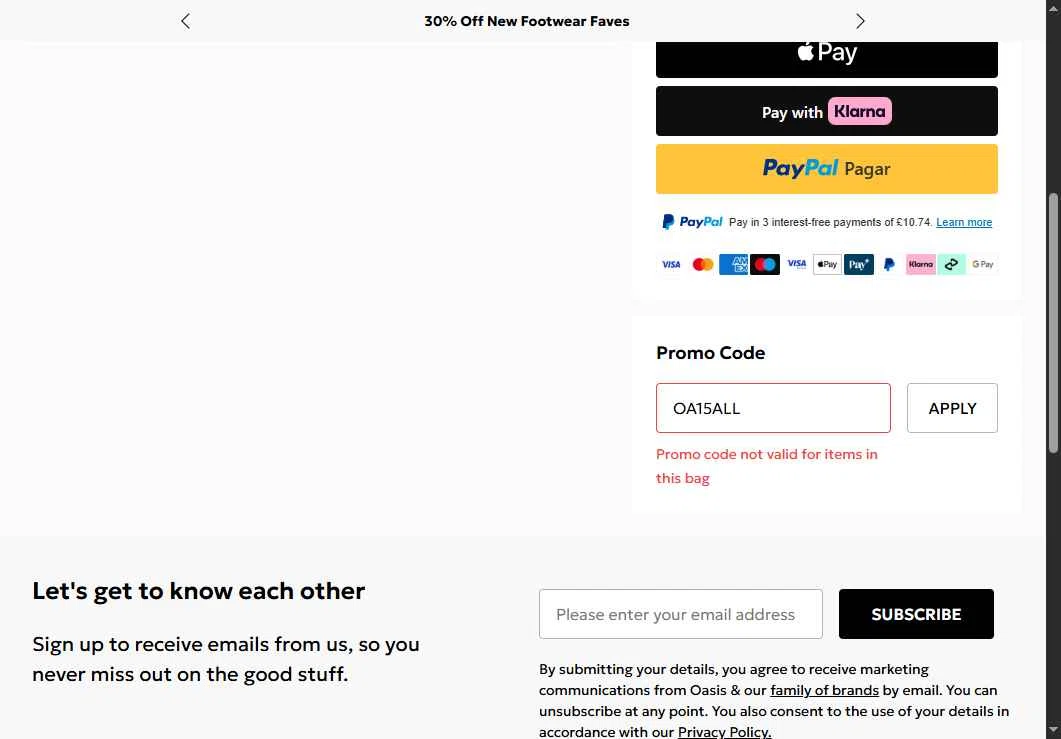 Oasis Clothing checkout page showing Oasis Clothing promo code box | Screenshot taken by SimplyCodes community member on Jan 15, 2026