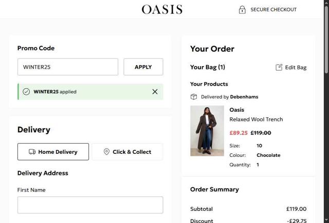 Oasis Clothing checkout page showing Oasis Clothing promo code box | Screenshot taken by SimplyCodes community member on Oct 1, 2025
