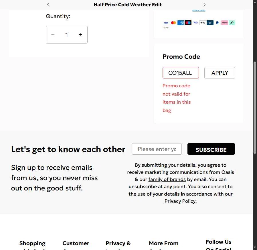 Oasis Clothing checkout page showing Oasis Clothing promo code box | Screenshot taken by SimplyCodes community member on Dec 19, 2025