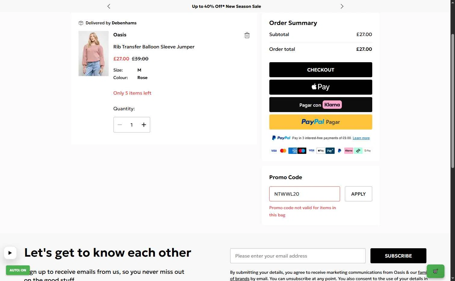 Oasis Clothing checkout page showing Oasis Clothing promo code box | Screenshot taken by SimplyCodes community member on Feb 8, 2026
